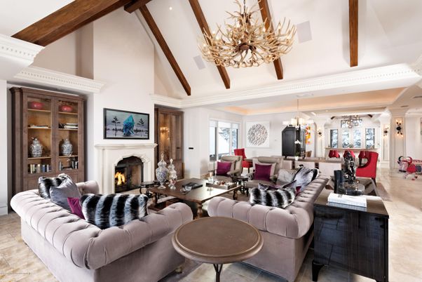Chandelier, Dining room, Fireplace, Interior, Living room, Pendant Lights, Recessed Lighting, Wooden Beams