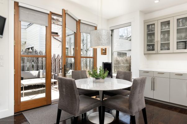 Dining room, Interior, Pendant Lights, Recessed Lighting, Wood Texture Flooring