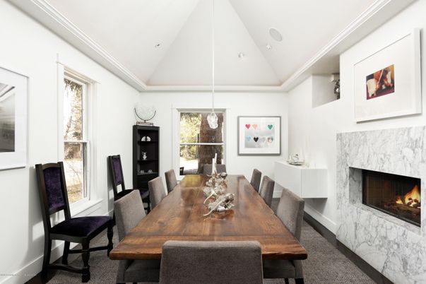 Dining room, Fireplace, Interior, Pendant Lights