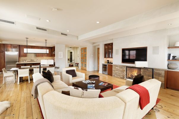Dining room, Fireplace, Interior, Kitchen, Living room, Pendant Lights, Recessed Lighting, Stainless Steel Appliances, Wood Texture Flooring