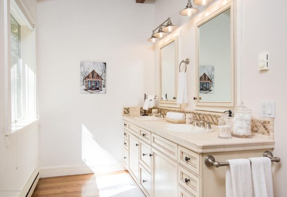Bathroom, Dual Sink Vanities, Interior, Tile Countertops, Wood Texture Flooring