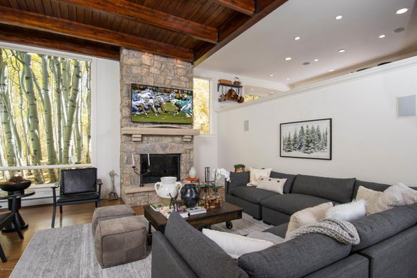 Fireplace, Interior, Living room, Recessed Lighting, Stone Walls, Wooden Beams, Wooden Ceilings, Wood Texture Flooring