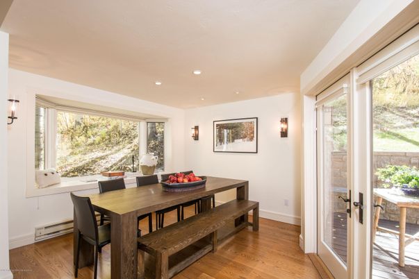 Dining room, Interior, Recessed Lighting, Wood Texture Flooring