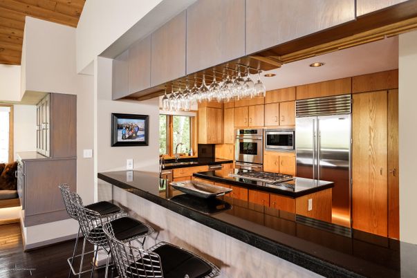 Interior, Kitchen, Pendant Lights, Recessed Lighting, Stainless Steel Appliances, Wooden Ceilings, Wood Texture Flooring