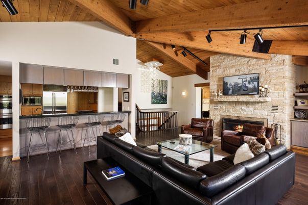Fireplace, Interior, Kitchen, Living room, Stainless Steel Appliances, Stone Walls, Wooden Beams, Wooden Ceilings, Wood Texture Flooring