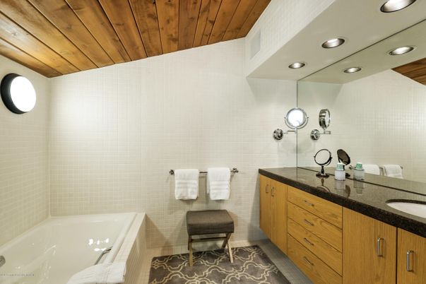 Bathroom, Dual Sink Vanities, Interior, Recessed Lighting, Wooden Ceilings