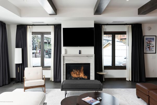 Fireplace, Interior, Living room, Recessed Lighting, Wooden Beams