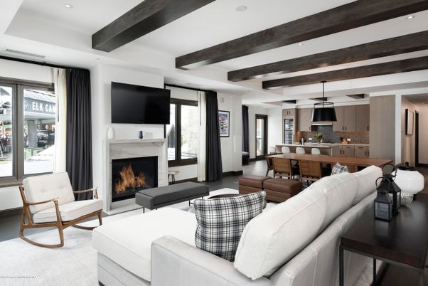 Dining room, Fireplace, Interior, Kitchen, Living room, Pendant Lights, Recessed Lighting, Wooden Beams