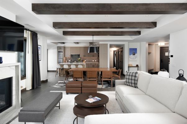 Dining room, Fireplace, Interior, Kitchen, Living room, Pendant Lights, Recessed Lighting, Wooden Beams, Wood Texture Flooring
