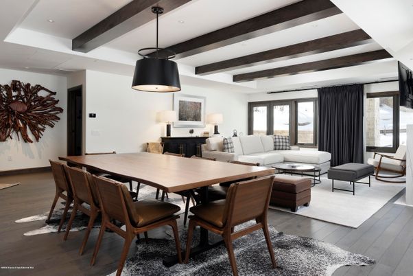 Dining room, Interior, Living room, Pendant Lights, Recessed Lighting, Wooden Beams, Wood Texture Flooring