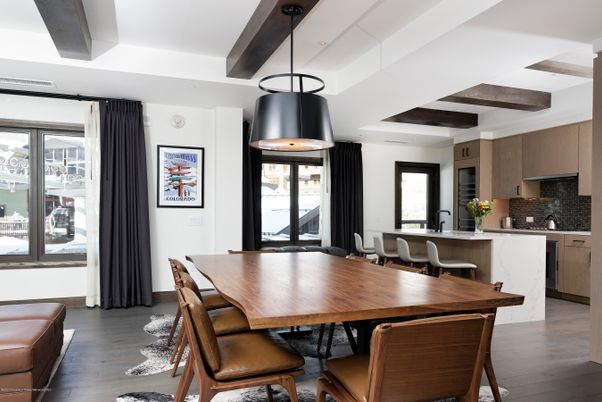 Dining room, Interior, Kitchen, Pendant Lights, Wooden Beams, Wood Texture Flooring