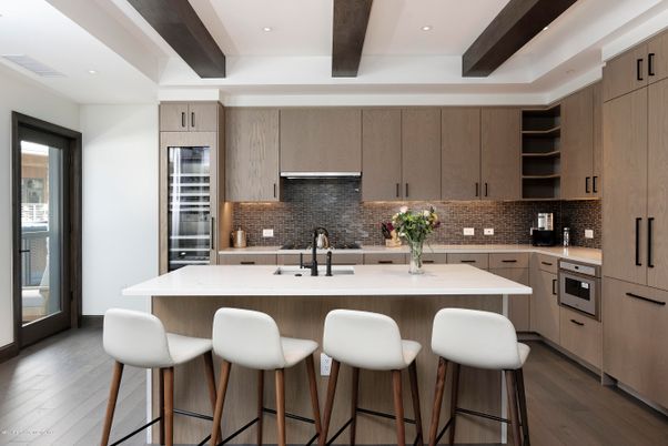 Interior, Kitchen, Recessed Lighting, Stainless Steel Appliances, Wooden Beams, Wood Texture Flooring