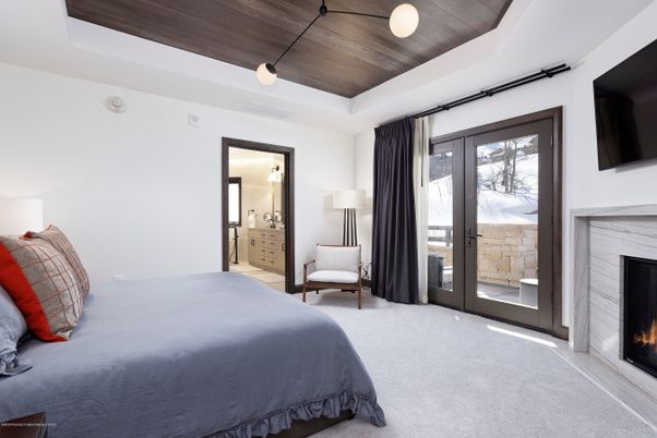 Bedroom, Fireplace, Interior, Pendant Lights, Wooden Ceilings