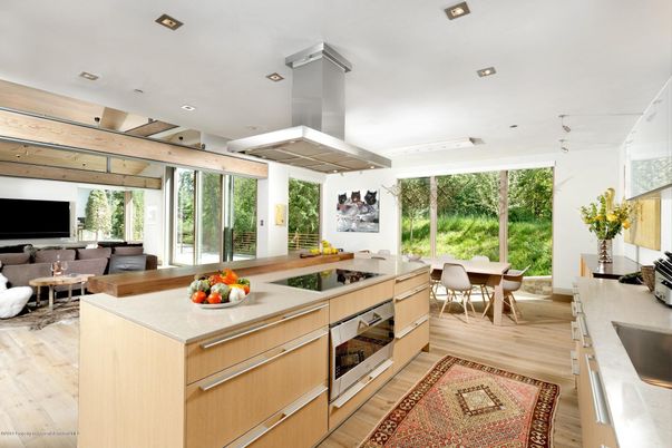 Dining room, Interior, Kitchen, Living room, Recessed Lighting, Wood Texture Flooring
