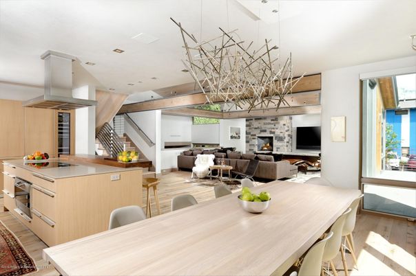 Dining room, Fireplace, Interior, Kitchen, Living room, Pendant Lights, Recessed Lighting, Stone Walls, Wood Texture Flooring