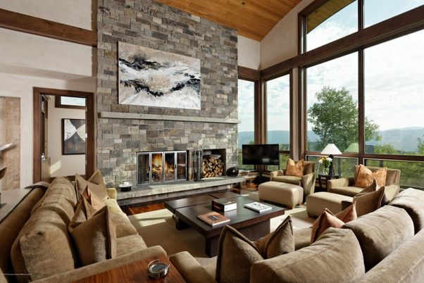 Fireplace, Interior, Living room, Stone Walls, Water, Wooden Beams, Wooden Ceilings, Wood Texture Flooring
