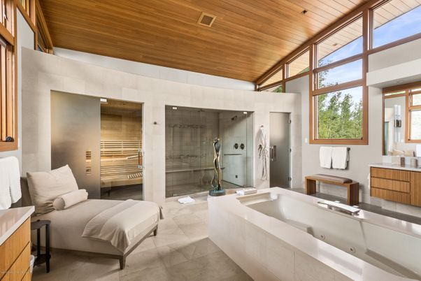 Bathroom, Glass Shower, Interior, Wooden Ceilings