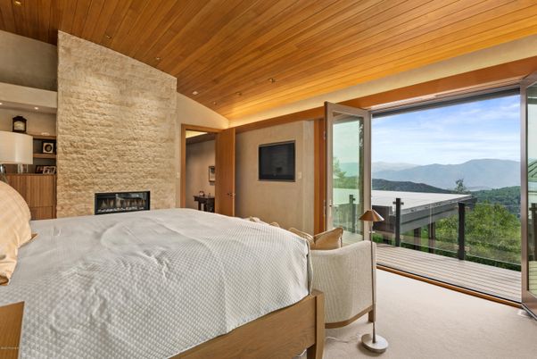 Bedroom, Fireplace, Interior, Recessed Lighting, Wooden Ceilings