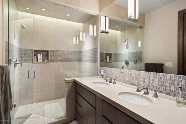 Bathroom, Dual Sink Vanities, Glass Shower, Interior, Recessed Lighting