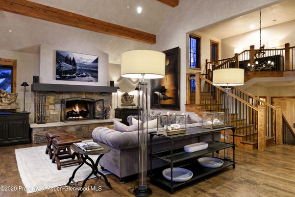 Fireplace, Interior, Living room, Pendant Lights, Recessed Lighting, Wooden Beams, Wood Texture Flooring