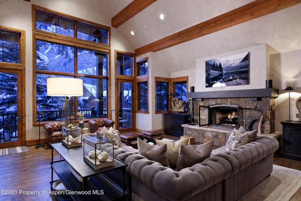 Fireplace, Interior, Living room, Recessed Lighting, Wooden Beams, Wood Texture Flooring