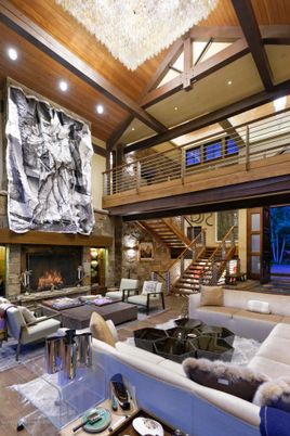 Chandelier, Fireplace, Interior, Living room, Recessed Lighting, Stone Walls, Wooden Beams, Wooden Ceilings