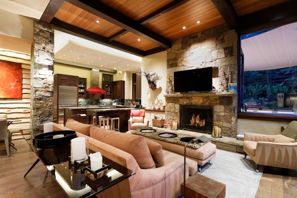 Dining room, Fireplace, Interior, Kitchen, Living room, Recessed Lighting, Stainless Steel Appliances, Stone Walls, Wooden Beams, Wooden Ceilings, Wood Texture Flooring