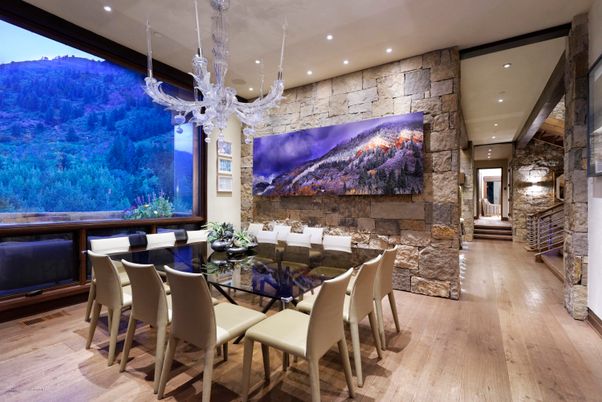 Dining room, Interior, Pendant Lights, Recessed Lighting, Stone Walls, Wood Texture Flooring