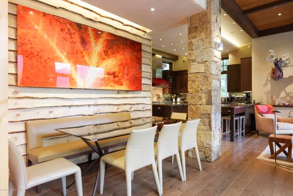 Dining room, Interior, Kitchen, Recessed Lighting, Stone Walls, Wooden Beams, Wooden Ceilings, Wood Texture Flooring