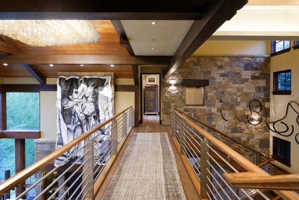 Fireplace, Interior, Recessed Lighting, Stone Walls, Wooden Beams, Wood Texture Flooring