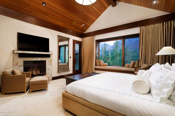 Bedroom, Fireplace, Interior, Recessed Lighting, Wooden Ceilings
