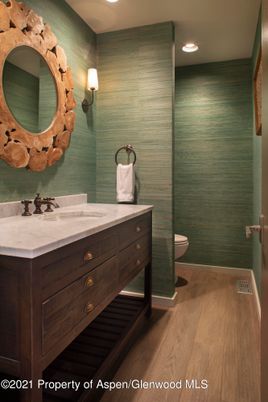 Bathroom, Dual Sink Vanities, Interior, Recessed Lighting, Wood Texture Flooring