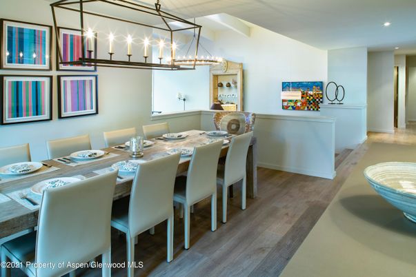 Dining room, Interior, Pendant Lights, Recessed Lighting, Wood Texture Flooring