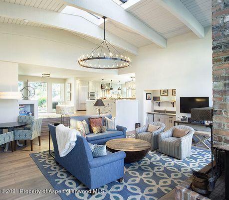Dining room, Interior, Kitchen, Living room, Pendant Lights, Stainless Steel Appliances, Stone Walls, Wood Texture Flooring