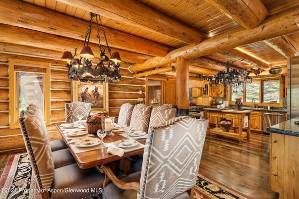 Chandelier, Dining room, Interior, Kitchen, Stainless Steel Appliances, Wooden Beams, Wooden Ceilings, Wood Texture Flooring, Wooden Walls