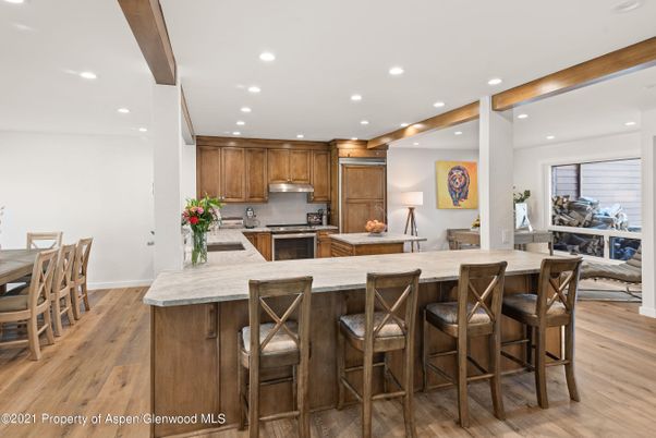 Interior, Kitchen, Recessed Lighting, Wooden Beams, Wood Texture Flooring