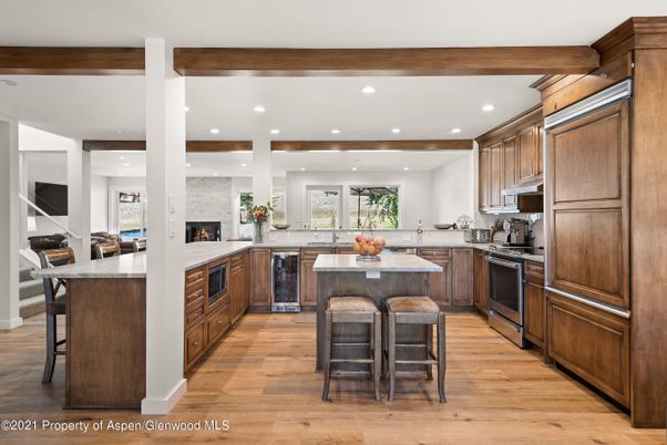Fireplace, Interior, Kitchen, Recessed Lighting, Wooden Beams, Wood Texture Flooring