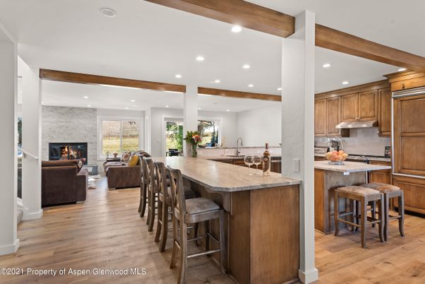 Fireplace, Interior, Kitchen, Living room, Recessed Lighting, Stone Walls, Wooden Beams, Wood Texture Flooring