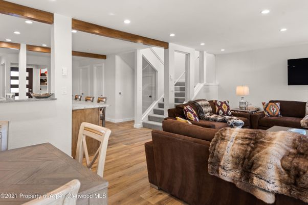 Interior, Living room, Recessed Lighting, Wooden Beams, Wood Texture Flooring