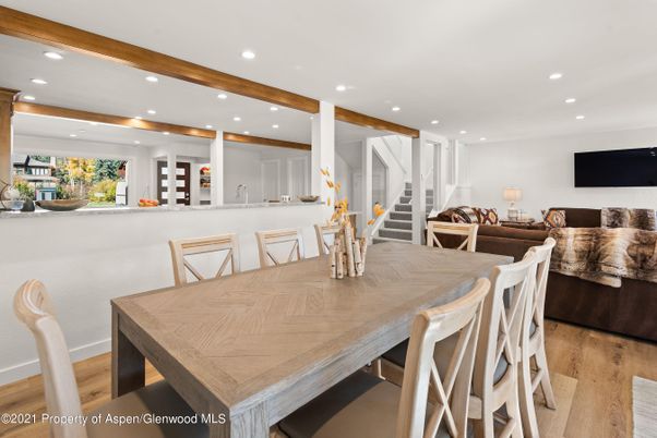 Dining room, Interior, Kitchen, Recessed Lighting, Wooden Beams, Wood Texture Flooring