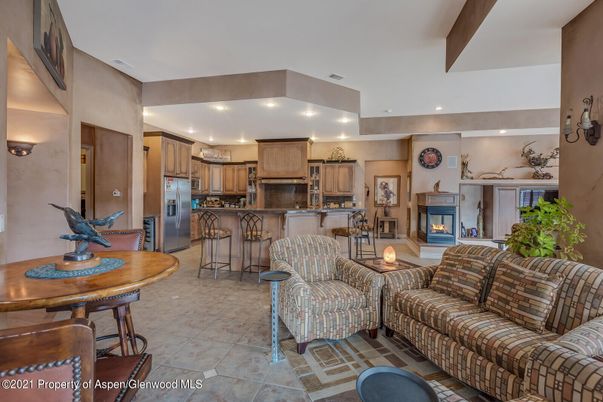 Fireplace, Interior, Kitchen, Living room, Recessed Lighting