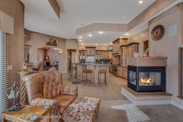 Dining room, Fireplace, Interior, Kitchen, Living room, Recessed Lighting, Stainless Steel Appliances