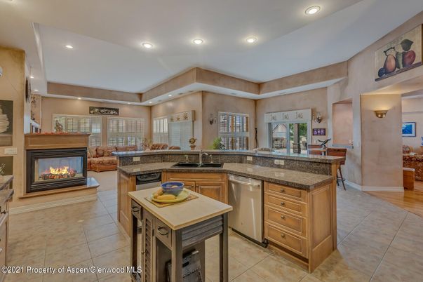 Fireplace, Interior, Kitchen, Living room, Recessed Lighting