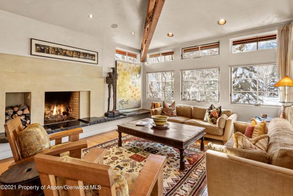 Fireplace, Interior, Living room, Recessed Lighting, Wooden Beams, Wood Texture Flooring