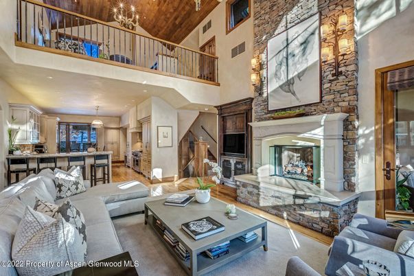 Fireplace, Interior, Kitchen, Living room, Pendant Lights, Recessed Lighting, Stone Walls