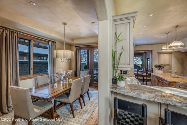 Dining room, Fireplace, Interior, Pendant Lights, Recessed Lighting, Wood Texture Flooring
