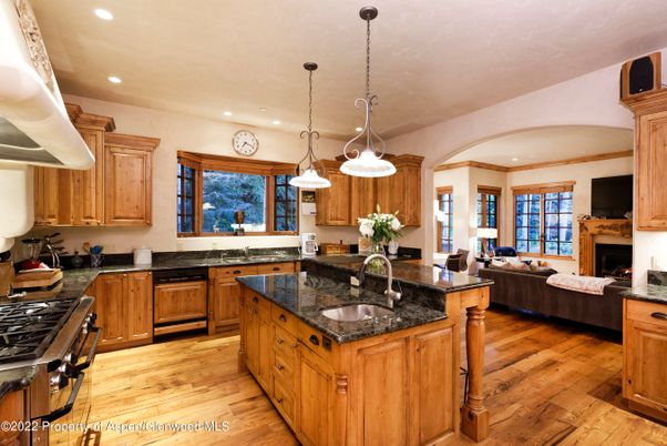Fireplace, Interior, Kitchen, Living room, Pendant Lights, Recessed Lighting, Wood Texture Flooring