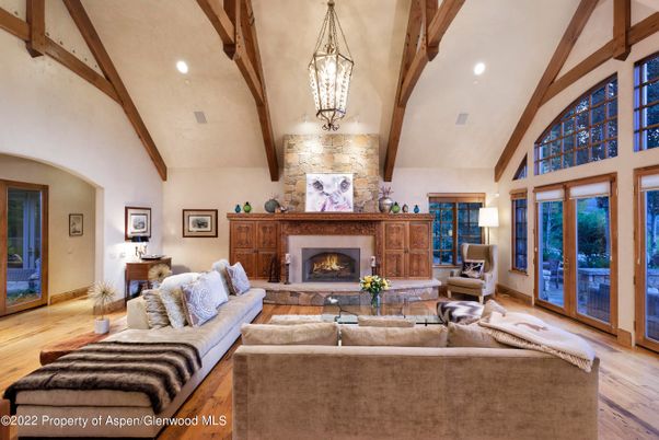 Fireplace, Interior, Living room, Pendant Lights, Recessed Lighting, Stone Walls, Wooden Beams, Wood Texture Flooring