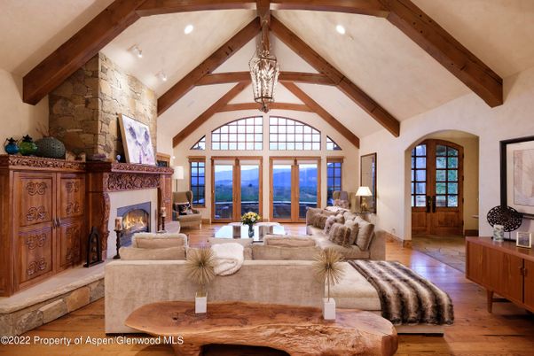 Fireplace, Interior, Living room, Recessed Lighting, Stone Walls, Wooden Beams, Wood Texture Flooring