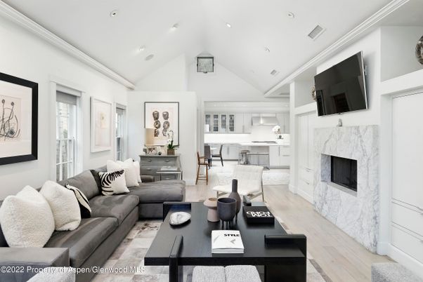Fireplace, Interior, Kitchen, Living room, Recessed Lighting, Wood Texture Flooring